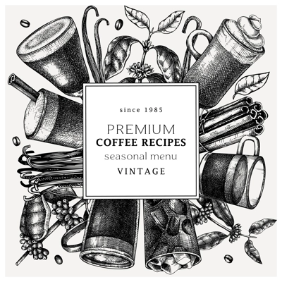 Hand-sketched coffee wreath design on chalkboard. Vector sketches of mugs with aromatic caffeine drinks. With coffee plants, leaves and beans in vintage style. Vector beverages template